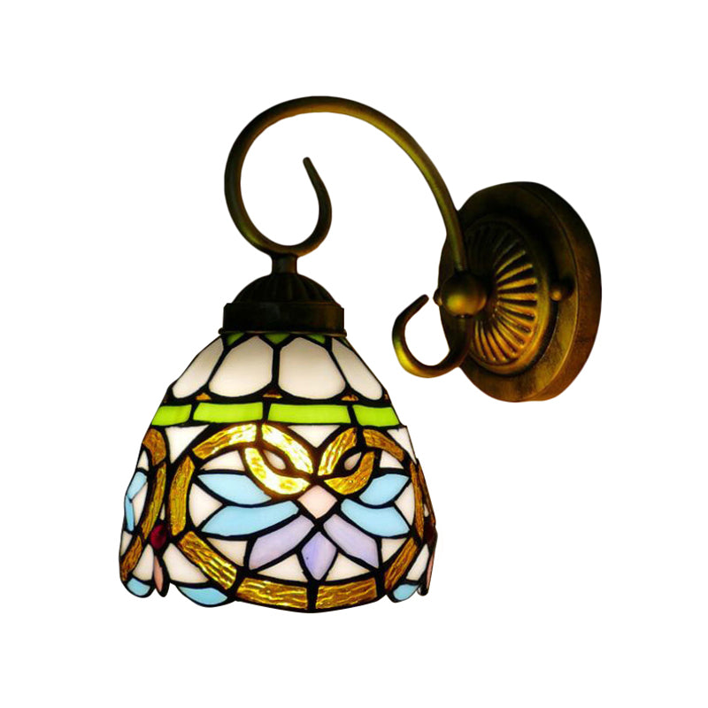 Dome Wall Light Fixture Victorian 1 Head Stained Glass Wall Sconce Lighting in Antique Brass for Bedroom Clearhalo 'Industrial' 'Middle century wall lights' 'Tiffany wall lights' 'Tiffany' 'Wall Lamps & Sconces' 'Wall Lights' Lighting' 181814
