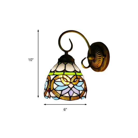 Dome Wall Light Fixture Victorian 1 Head Stained Glass Wall Sconce Lighting in Antique Brass for Bedroom Clearhalo 'Industrial' 'Middle century wall lights' 'Tiffany wall lights' 'Tiffany' 'Wall Lamps & Sconces' 'Wall Lights' Lighting' 181815