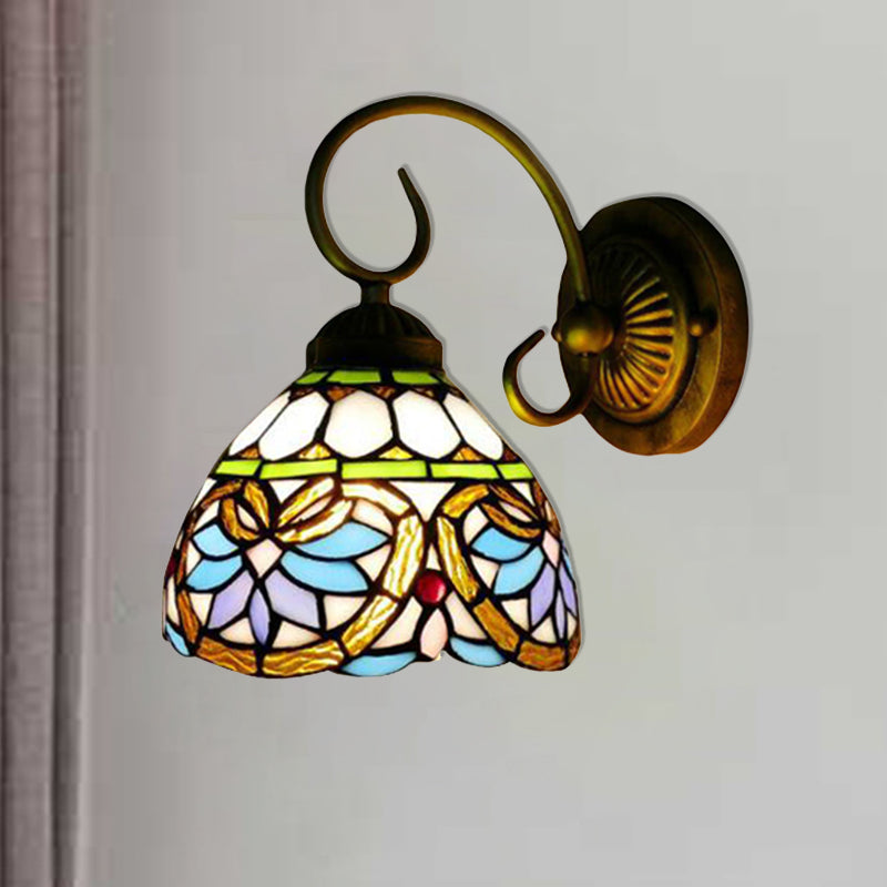 Dome Wall Light Fixture Victorian 1 Head Stained Glass Wall Sconce Lighting in Antique Brass for Bedroom Antique Brass 8" Clearhalo 'Industrial' 'Middle century wall lights' 'Tiffany wall lights' 'Tiffany' 'Wall Lamps & Sconces' 'Wall Lights' Lighting' 181816