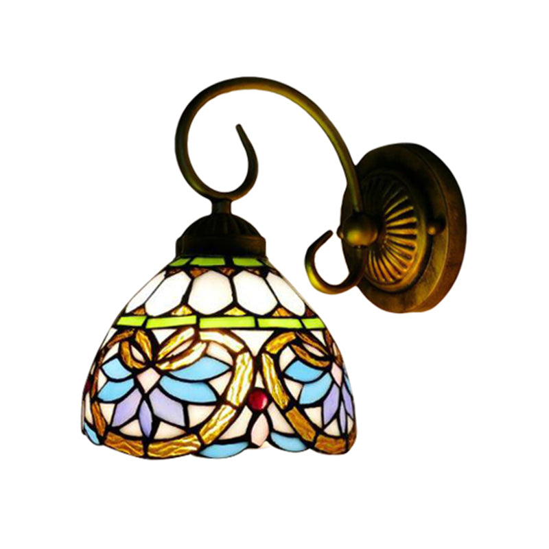 Dome Wall Light Fixture Victorian 1 Head Stained Glass Wall Sconce Lighting in Antique Brass for Bedroom Clearhalo 'Industrial' 'Middle century wall lights' 'Tiffany wall lights' 'Tiffany' 'Wall Lamps & Sconces' 'Wall Lights' Lighting' 181817