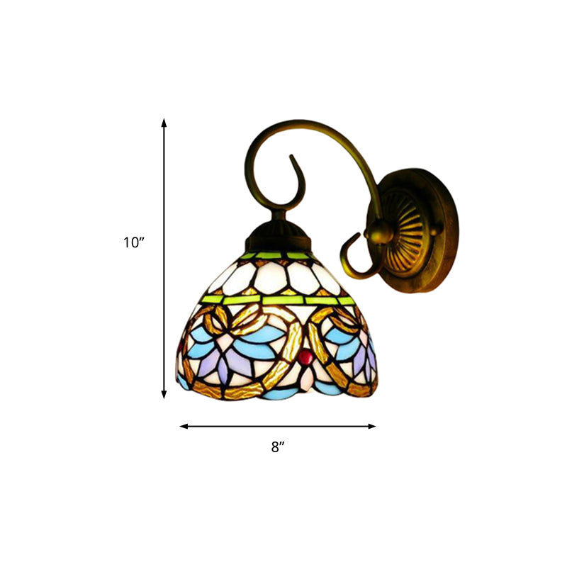 Dome Wall Light Fixture Victorian 1 Head Stained Glass Wall Sconce Lighting in Antique Brass for Bedroom Clearhalo 'Industrial' 'Middle century wall lights' 'Tiffany wall lights' 'Tiffany' 'Wall Lamps & Sconces' 'Wall Lights' Lighting' 181818