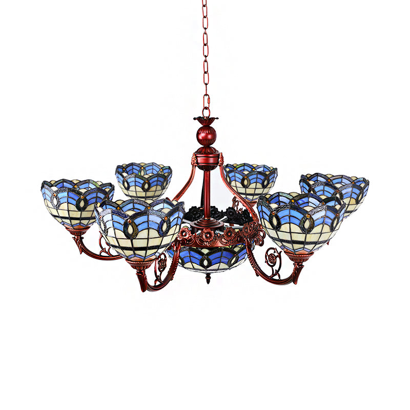 Copper Finish Suspended Light Tiffany 7/9 Heads Chandelier Light with Bowl Glass Shade in Blue and Yellow Clearhalo 'Ceiling Lights' 'Chandeliers' 'Industrial' 'Middle Century Chandeliers' 'Pendant Lights' 'Tiffany Chandeliers' 'Tiffany close to ceiling' 'Tiffany' Lighting' 181821