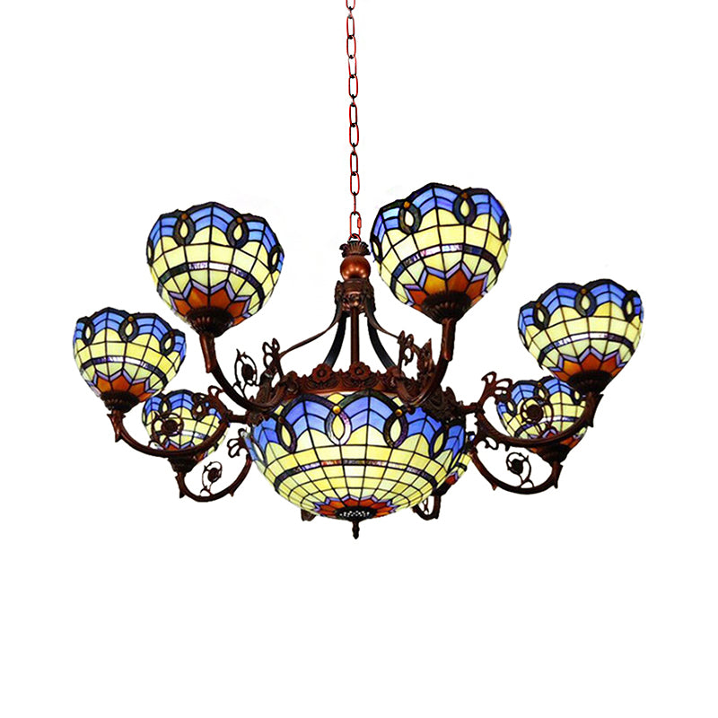 Copper Finish Suspended Light Tiffany 7/9 Heads Chandelier Light with Bowl Glass Shade in Blue and Yellow Clearhalo 'Ceiling Lights' 'Chandeliers' 'Industrial' 'Middle Century Chandeliers' 'Pendant Lights' 'Tiffany Chandeliers' 'Tiffany close to ceiling' 'Tiffany' Lighting' 181825