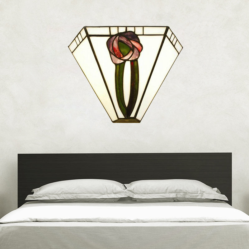 Craftsman Geometric Wall Lamp Stained Glass 1 Head Wall Mount Light with Flower Decoration for Living Room White Clearhalo 'Industrial' 'Middle century wall lights' 'Tiffany wall lights' 'Tiffany' 'Wall Lamps & Sconces' 'Wall Lights' Lighting' 181845