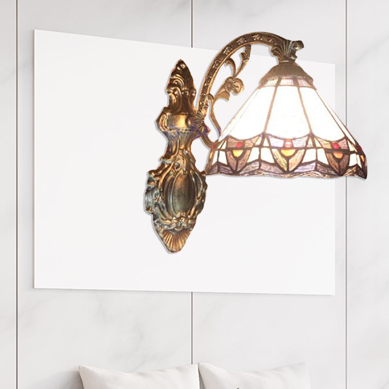 Cone Wall Mount Light Stained Glass 1 Light Tiffany Indoor Wall Sconce Light for Bedroom Antique Bronze Clearhalo 'Industrial' 'Middle century wall lights' 'Tiffany wall lights' 'Tiffany' 'Wall Lamps & Sconces' 'Wall Lights' Lighting' 181864