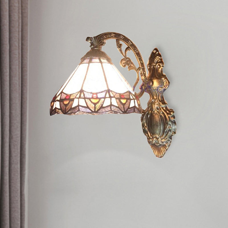 Cone Wall Mount Light Stained Glass 1 Light Tiffany Indoor Wall Sconce Light for Bedroom Clearhalo 'Industrial' 'Middle century wall lights' 'Tiffany wall lights' 'Tiffany' 'Wall Lamps & Sconces' 'Wall Lights' Lighting' 181865