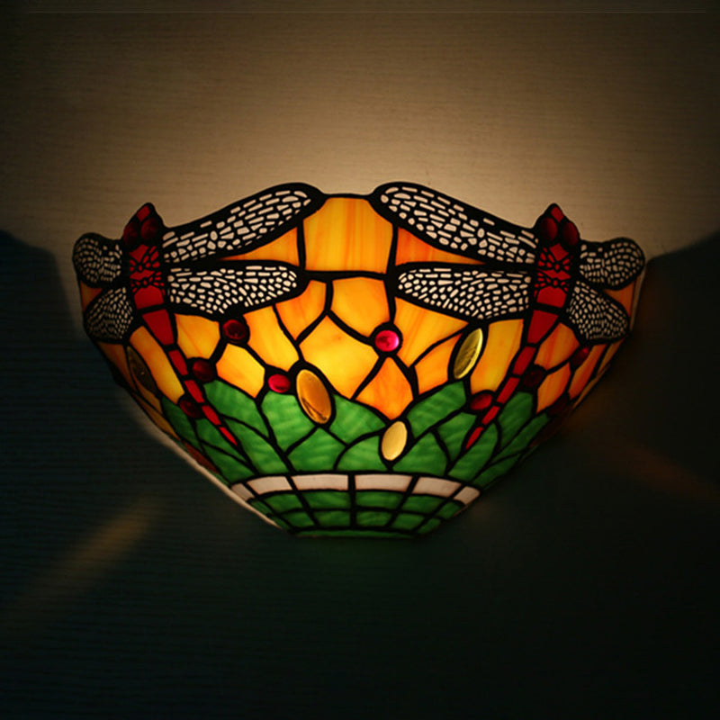 Bowl Shade Wall Light with Dragonfly Pattern 1 Light Rustic Stained Glass Sconce Lighting Clearhalo 'Industrial' 'Middle century wall lights' 'Tiffany wall lights' 'Tiffany' 'Wall Lamps & Sconces' 'Wall Lights' Lighting' 181870