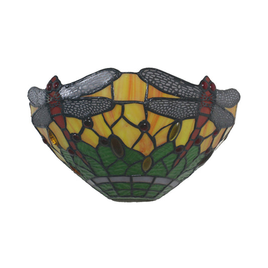 Bowl Shade Wall Light with Dragonfly Pattern 1 Light Rustic Stained Glass Sconce Lighting Clearhalo 'Industrial' 'Middle century wall lights' 'Tiffany wall lights' 'Tiffany' 'Wall Lamps & Sconces' 'Wall Lights' Lighting' 181871