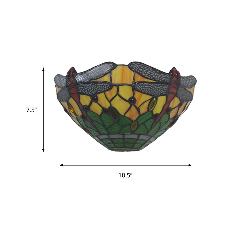 Bowl Shade Wall Light with Dragonfly Pattern 1 Light Rustic Stained Glass Sconce Lighting Clearhalo 'Industrial' 'Middle century wall lights' 'Tiffany wall lights' 'Tiffany' 'Wall Lamps & Sconces' 'Wall Lights' Lighting' 181872