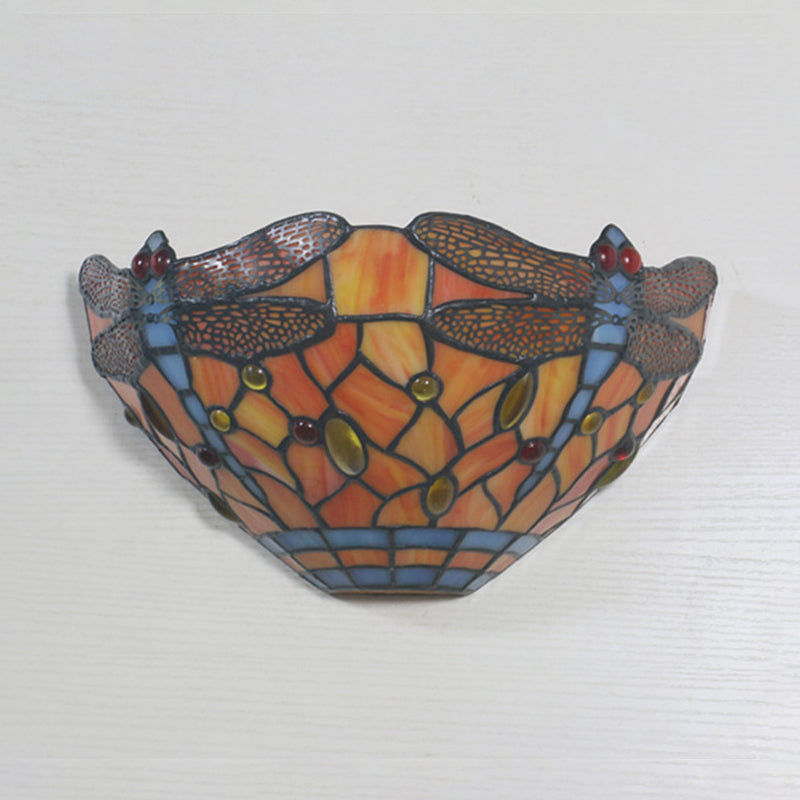 Dragonfly Wall Lighting Tiffany Style Stained Glass 1 Light Wall Sconce Lighting in Orange Orange Clearhalo 'Industrial' 'Middle century wall lights' 'Tiffany wall lights' 'Tiffany' 'Wall Lamps & Sconces' 'Wall Lights' Lighting' 181873