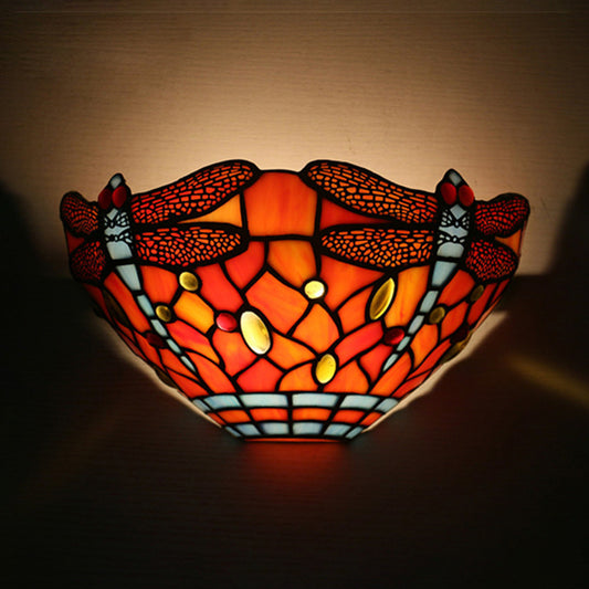 Dragonfly Wall Lighting Tiffany Style Stained Glass 1 Light Wall Sconce Lighting in Orange Clearhalo 'Industrial' 'Middle century wall lights' 'Tiffany wall lights' 'Tiffany' 'Wall Lamps & Sconces' 'Wall Lights' Lighting' 181874