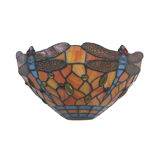 Dragonfly Wall Lighting Tiffany Style Stained Glass 1 Light Wall Sconce Lighting in Orange Clearhalo 'Industrial' 'Middle century wall lights' 'Tiffany wall lights' 'Tiffany' 'Wall Lamps & Sconces' 'Wall Lights' Lighting' 181875