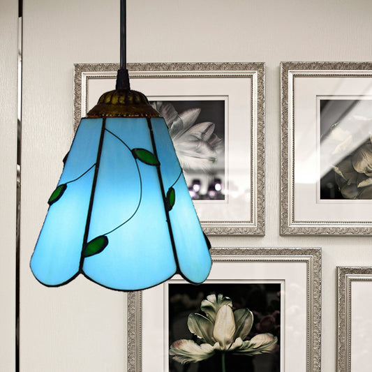 Stained Glass Conical Hanging Lamp Tiffany 1 Bulb Blue/Beige Down Mini Pendant for Living Room Blue Clearhalo 'Ceiling Lights' 'Industrial' 'Middle Century Pendants' 'Pendant Lights' 'Pendants' 'Tiffany close to ceiling' 'Tiffany Pendants' 'Tiffany' Lighting' 181889