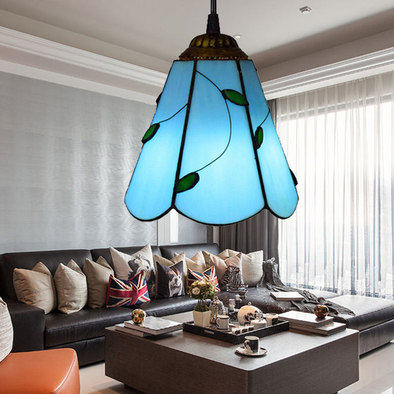 Stained Glass Conical Hanging Lamp Tiffany 1 Bulb Blue/Beige Down Mini Pendant for Living Room Clearhalo 'Ceiling Lights' 'Industrial' 'Middle Century Pendants' 'Pendant Lights' 'Pendants' 'Tiffany close to ceiling' 'Tiffany Pendants' 'Tiffany' Lighting' 181890