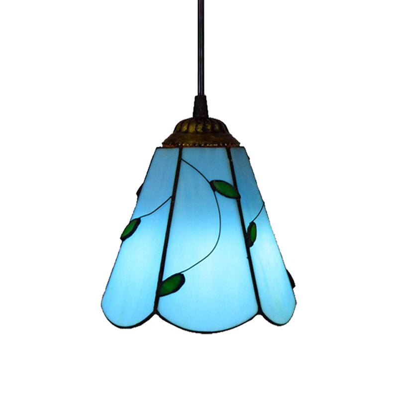 Stained Glass Conical Hanging Lamp Tiffany 1 Bulb Blue/Beige Down Mini Pendant for Living Room Clearhalo 'Ceiling Lights' 'Industrial' 'Middle Century Pendants' 'Pendant Lights' 'Pendants' 'Tiffany close to ceiling' 'Tiffany Pendants' 'Tiffany' Lighting' 181891