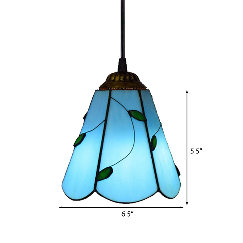 Stained Glass Conical Hanging Lamp Tiffany 1 Bulb Blue/Beige Down Mini Pendant for Living Room Clearhalo 'Ceiling Lights' 'Industrial' 'Middle Century Pendants' 'Pendant Lights' 'Pendants' 'Tiffany close to ceiling' 'Tiffany Pendants' 'Tiffany' Lighting' 181892
