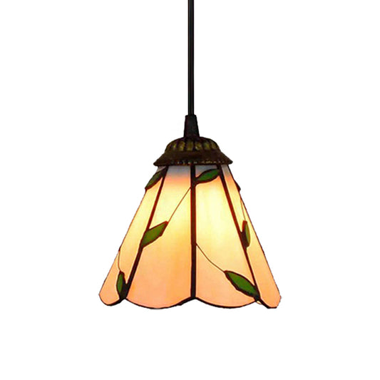 Stained Glass Conical Hanging Lamp Tiffany 1 Bulb Blue/Beige Down Mini Pendant for Living Room Clearhalo 'Ceiling Lights' 'Industrial' 'Middle Century Pendants' 'Pendant Lights' 'Pendants' 'Tiffany close to ceiling' 'Tiffany Pendants' 'Tiffany' Lighting' 181894