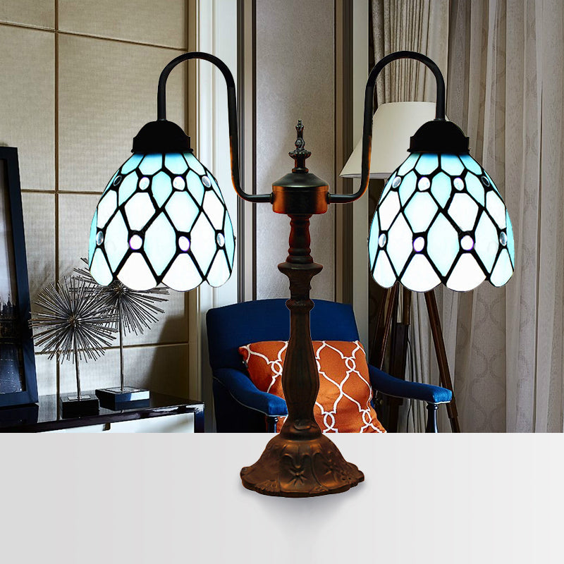 Dome Table Lamp Industrial Vintage Stained Glass 2 Lights Accent Table Lamp in Blue for Bedside Clearhalo 'Lamps' 'Table Lamps' Lighting' 181896