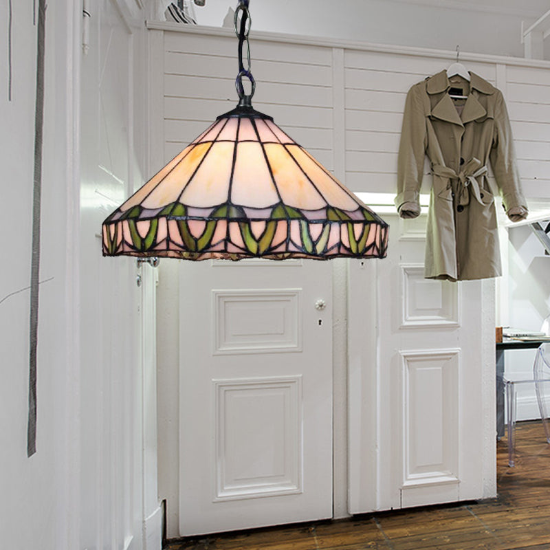 Tiffany-Style Tapered Down Lighting 1 Bulb Orange Stained Glass Suspension Pendant Light with Adjustable Metal Chain Clearhalo 'Ceiling Lights' 'Chandeliers' 'Industrial' 'Middle Century Pendants' 'Pendant Lights' 'Pendants' 'Tiffany close to ceiling' 'Tiffany Pendants' 'Tiffany' Lighting' 181947