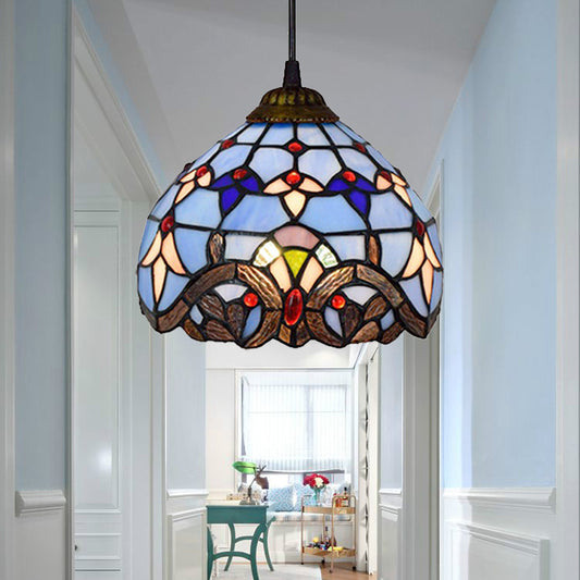 Stained Glass Dome Suspension Light Victorian Style 1 Light Foyer Pendant Lighting in Aged Bronze Finish Blue Clearhalo 'Ceiling Lights' 'Close To Ceiling Lights' 'Industrial' 'Middle Century Pendants' 'Pendant Lights' 'Pendants' 'Tiffany close to ceiling' 'Tiffany Pendants' 'Tiffany' Lighting' 181950