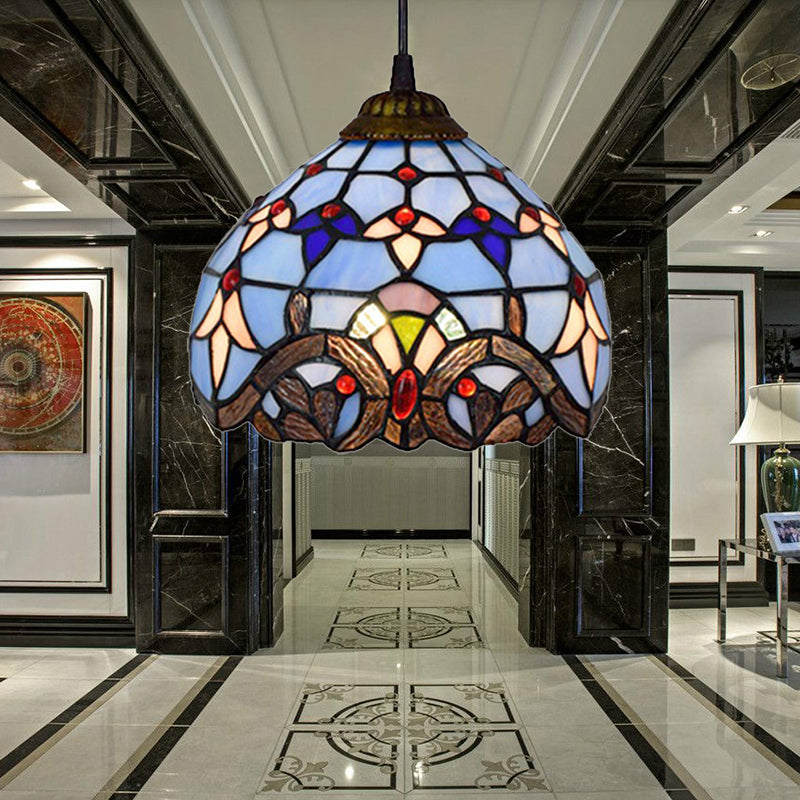Stained Glass Dome Suspension Light Victorian Style 1 Light Foyer Pendant Lighting in Aged Bronze Finish Clearhalo 'Ceiling Lights' 'Close To Ceiling Lights' 'Industrial' 'Middle Century Pendants' 'Pendant Lights' 'Pendants' 'Tiffany close to ceiling' 'Tiffany Pendants' 'Tiffany' Lighting' 181951