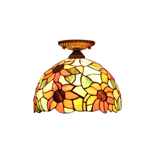 Tiffany Style Dome Semi Flushmount Art Glass 2 Lights Semi Flush Light in Antique Bronze for Corridor Clearhalo 'Ceiling Lights' 'Close To Ceiling Lights' 'Close to ceiling' 'Semi-flushmount' 'Tiffany close to ceiling' 'Tiffany' Lighting' 181978