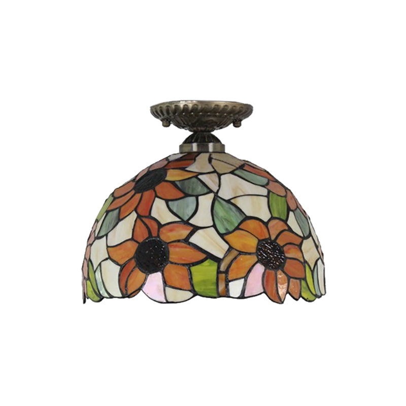 Tiffany Style Dome Semi Flushmount Art Glass 2 Lights Semi Flush Light in Antique Bronze for Corridor Clearhalo 'Ceiling Lights' 'Close To Ceiling Lights' 'Close to ceiling' 'Semi-flushmount' 'Tiffany close to ceiling' 'Tiffany' Lighting' 181979
