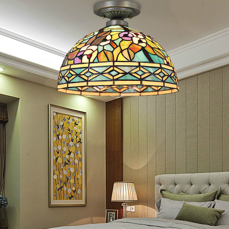 Tiffany Style Dome Semi Flushmount Art Glass 2 Lights Semi Flush Light in Antique Bronze for Corridor Antique Bronze Rhombus Clearhalo 'Ceiling Lights' 'Close To Ceiling Lights' 'Close to ceiling' 'Semi-flushmount' 'Tiffany close to ceiling' 'Tiffany' Lighting' 181980