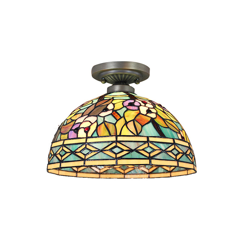Tiffany Style Dome Semi Flushmount Art Glass 2 Lights Semi Flush Light in Antique Bronze for Corridor Clearhalo 'Ceiling Lights' 'Close To Ceiling Lights' 'Close to ceiling' 'Semi-flushmount' 'Tiffany close to ceiling' 'Tiffany' Lighting' 181981