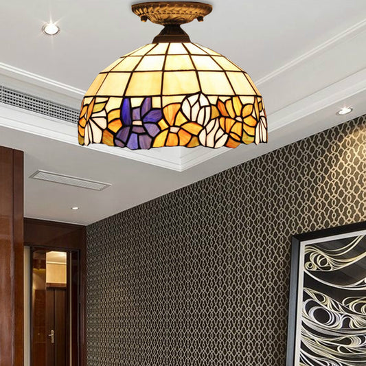 Tiffany Style Dome Semi Flushmount Art Glass 2 Lights Semi Flush Light in Antique Bronze for Corridor Clearhalo 'Ceiling Lights' 'Close To Ceiling Lights' 'Close to ceiling' 'Semi-flushmount' 'Tiffany close to ceiling' 'Tiffany' Lighting' 181983