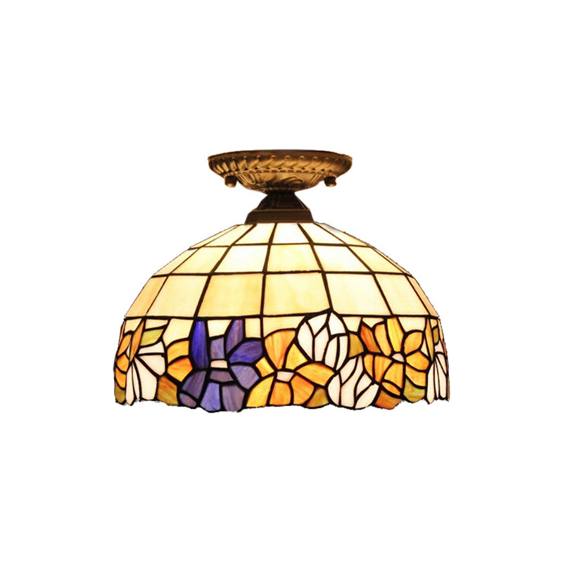 Tiffany Style Dome Semi Flushmount Art Glass 2 Lights Semi Flush Light in Antique Bronze for Corridor Clearhalo 'Ceiling Lights' 'Close To Ceiling Lights' 'Close to ceiling' 'Semi-flushmount' 'Tiffany close to ceiling' 'Tiffany' Lighting' 181984