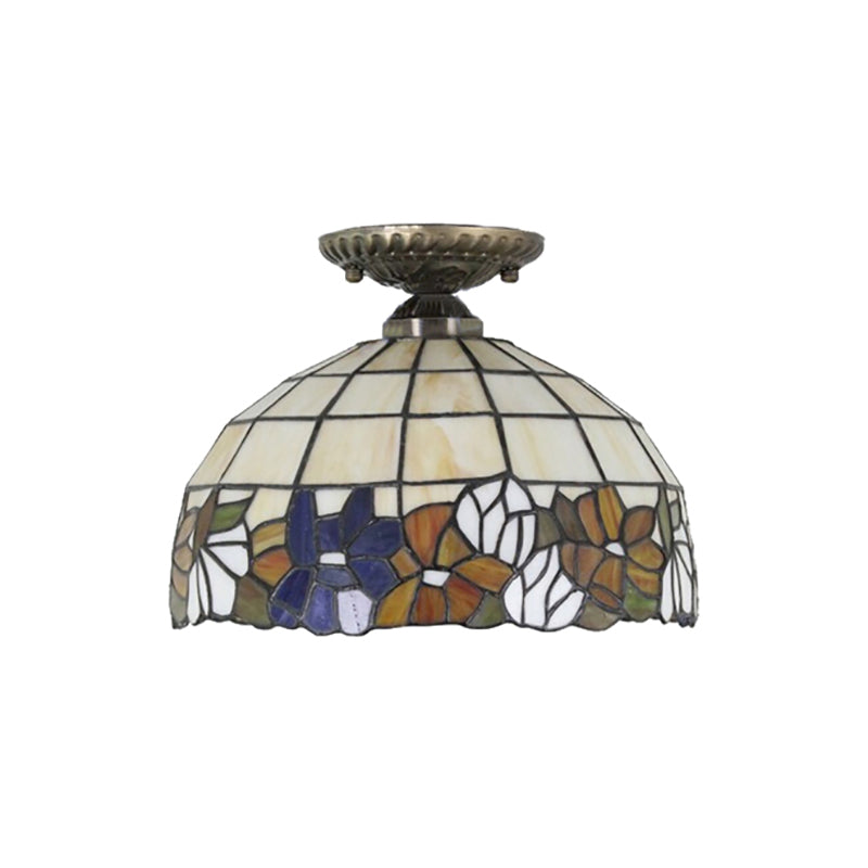 Tiffany Style Dome Semi Flushmount Art Glass 2 Lights Semi Flush Light in Antique Bronze for Corridor Clearhalo 'Ceiling Lights' 'Close To Ceiling Lights' 'Close to ceiling' 'Semi-flushmount' 'Tiffany close to ceiling' 'Tiffany' Lighting' 181985