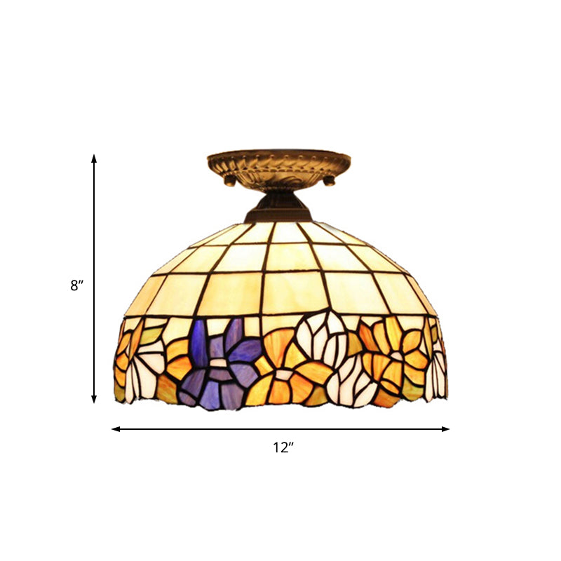 Tiffany Style Dome Semi Flushmount Art Glass 2 Lights Semi Flush Light in Antique Bronze for Corridor Clearhalo 'Ceiling Lights' 'Close To Ceiling Lights' 'Close to ceiling' 'Semi-flushmount' 'Tiffany close to ceiling' 'Tiffany' Lighting' 181986