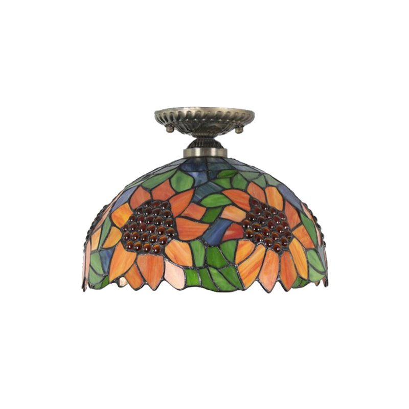 Tiffany Style Dome Semi Flushmount Art Glass 2 Lights Semi Flush Light in Antique Bronze for Corridor Clearhalo 'Ceiling Lights' 'Close To Ceiling Lights' 'Close to ceiling' 'Semi-flushmount' 'Tiffany close to ceiling' 'Tiffany' Lighting' 181988