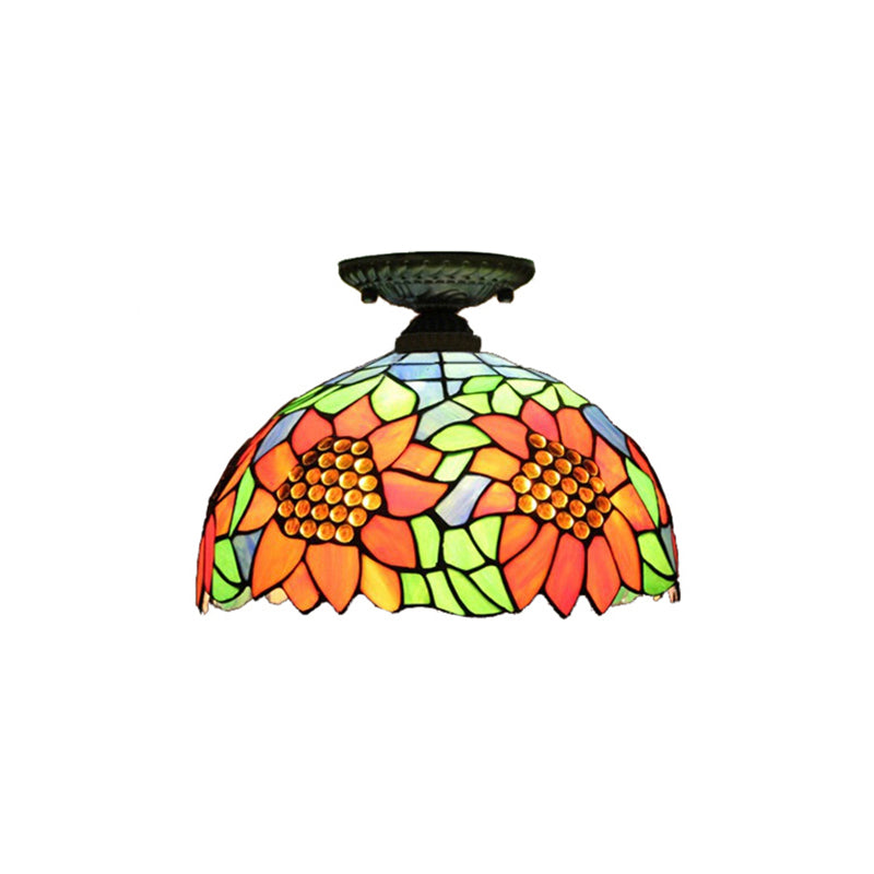 Tiffany Style Dome Semi Flushmount Art Glass 2 Lights Semi Flush Light in Antique Bronze for Corridor Clearhalo 'Ceiling Lights' 'Close To Ceiling Lights' 'Close to ceiling' 'Semi-flushmount' 'Tiffany close to ceiling' 'Tiffany' Lighting' 181989