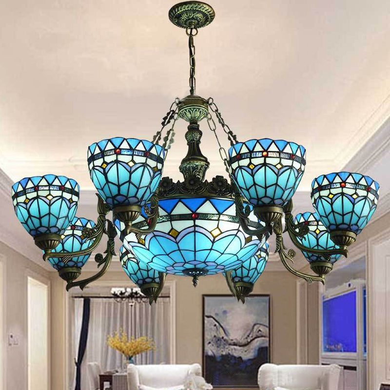 Vintage Domed Hanging Lamp Stained Glass 9 Lights Inverted Chandelier in Blue for Living Room Blue Clearhalo 'Ceiling Lights' 'Chandeliers' 'Close To Ceiling Lights' 'Industrial' 'Middle Century Chandeliers' 'Tiffany Chandeliers' 'Tiffany close to ceiling' 'Tiffany' Lighting' 181990