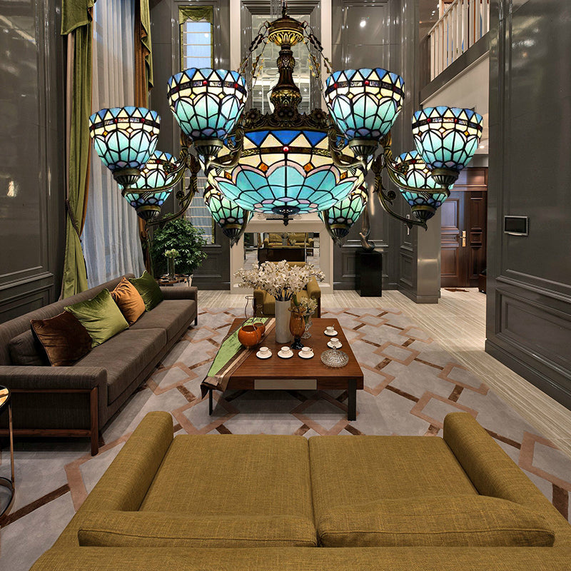 Vintage Domed Hanging Lamp Stained Glass 9 Lights Inverted Chandelier in Blue for Living Room Clearhalo 'Ceiling Lights' 'Chandeliers' 'Close To Ceiling Lights' 'Industrial' 'Middle Century Chandeliers' 'Tiffany Chandeliers' 'Tiffany close to ceiling' 'Tiffany' Lighting' 181991