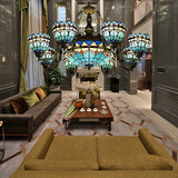 Vintage Domed Hanging Lamp Stained Glass 9 Lights Inverted Chandelier in Blue for Living Room Clearhalo 'Ceiling Lights' 'Chandeliers' 'Close To Ceiling Lights' 'Industrial' 'Middle Century Chandeliers' 'Tiffany Chandeliers' 'Tiffany close to ceiling' 'Tiffany' Lighting' 181991