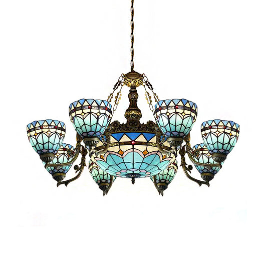 Vintage Domed Hanging Lamp Stained Glass 9 Lights Inverted Chandelier in Blue for Living Room Clearhalo 'Ceiling Lights' 'Chandeliers' 'Close To Ceiling Lights' 'Industrial' 'Middle Century Chandeliers' 'Tiffany Chandeliers' 'Tiffany close to ceiling' 'Tiffany' Lighting' 181992