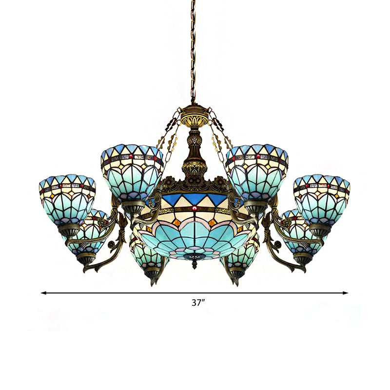 Vintage Domed Hanging Lamp Stained Glass 9 Lights Inverted Chandelier in Blue for Living Room Clearhalo 'Ceiling Lights' 'Chandeliers' 'Close To Ceiling Lights' 'Industrial' 'Middle Century Chandeliers' 'Tiffany Chandeliers' 'Tiffany close to ceiling' 'Tiffany' Lighting' 181993
