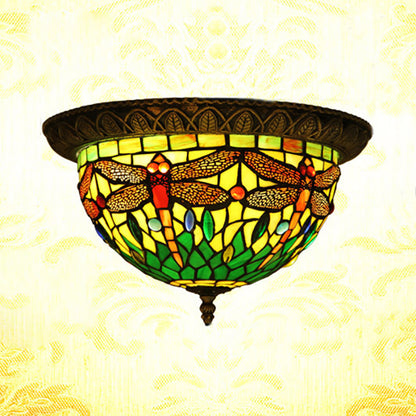 Stained Glass Shade Bowl Flushmount Tiffany Style 2 Bulbs Foyer Flush Ceiling Light Bronze Clearhalo 'Ceiling Lights' 'Close To Ceiling Lights' 'Close to ceiling' 'Flush mount' Lighting' 182021