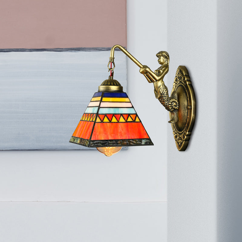 Orange Pyramid Wall Mounted Light Tiffany 1 Head Stained Glass Sconce Light Fixture Orange Clearhalo 'Industrial' 'Middle century wall lights' 'Tiffany wall lights' 'Tiffany' 'Wall Lamps & Sconces' 'Wall Lights' Lighting' 182026