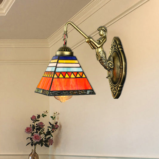 Orange Pyramid Wall Mounted Light Tiffany 1 Head Stained Glass Sconce Light Fixture Clearhalo 'Industrial' 'Middle century wall lights' 'Tiffany wall lights' 'Tiffany' 'Wall Lamps & Sconces' 'Wall Lights' Lighting' 182027