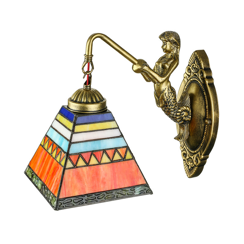 Orange Pyramid Wall Mounted Light Tiffany 1 Head Stained Glass Sconce Light Fixture Clearhalo 'Industrial' 'Middle century wall lights' 'Tiffany wall lights' 'Tiffany' 'Wall Lamps & Sconces' 'Wall Lights' Lighting' 182028