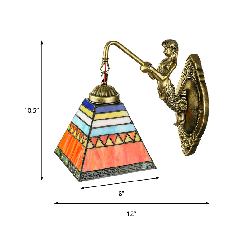 Orange Pyramid Wall Mounted Light Tiffany 1 Head Stained Glass Sconce Light Fixture Clearhalo 'Industrial' 'Middle century wall lights' 'Tiffany wall lights' 'Tiffany' 'Wall Lamps & Sconces' 'Wall Lights' Lighting' 182029