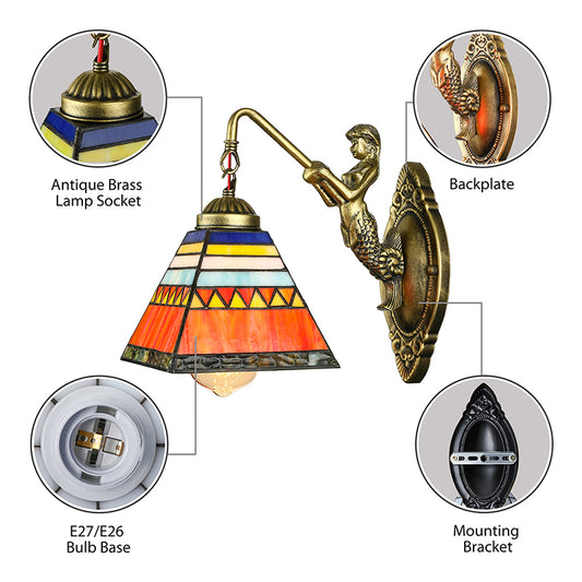 Orange Pyramid Wall Mounted Light Tiffany 1 Head Stained Glass Sconce Light Fixture Clearhalo 'Industrial' 'Middle century wall lights' 'Tiffany wall lights' 'Tiffany' 'Wall Lamps & Sconces' 'Wall Lights' Lighting' 182031
