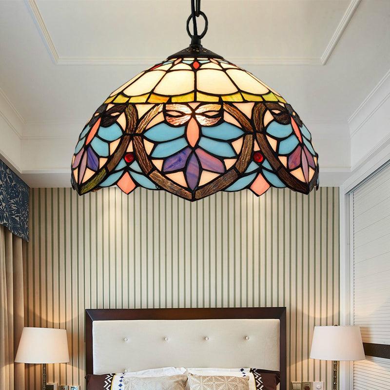 Tiffany Style Bowl-Shaped Hanging Lamp Stained Glass 1 Light Colorful Ceiling Pendant for Dining Room Black Clearhalo 'Ceiling Lights' 'Industrial' 'Middle Century Pendants' 'Pendant Lights' 'Pendants' 'Tiffany close to ceiling' 'Tiffany Pendants' 'Tiffany' Lighting' 182041