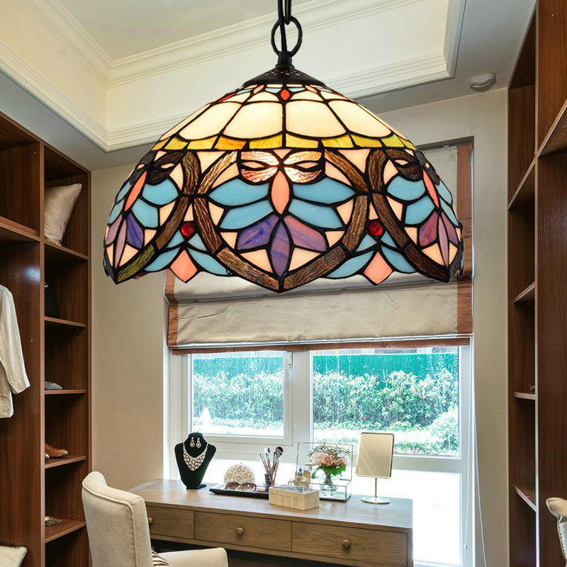 Tiffany Style Bowl-Shaped Hanging Lamp Stained Glass 1 Light Colorful Ceiling Pendant for Dining Room Clearhalo 'Ceiling Lights' 'Industrial' 'Middle Century Pendants' 'Pendant Lights' 'Pendants' 'Tiffany close to ceiling' 'Tiffany Pendants' 'Tiffany' Lighting' 182042