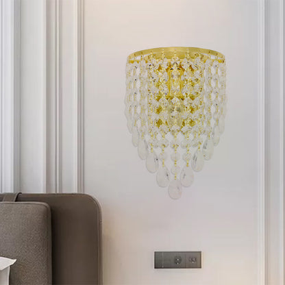 10"/15" W Tapered Wall Mount Light Vintage Metal 1 Bulb Golden Sconce Light with Clear Crystal Draping Gold Clearhalo 'Modern wall lights' 'Modern' 'Wall Lamps & Sconces' 'Wall Lights' Lighting' 1820672