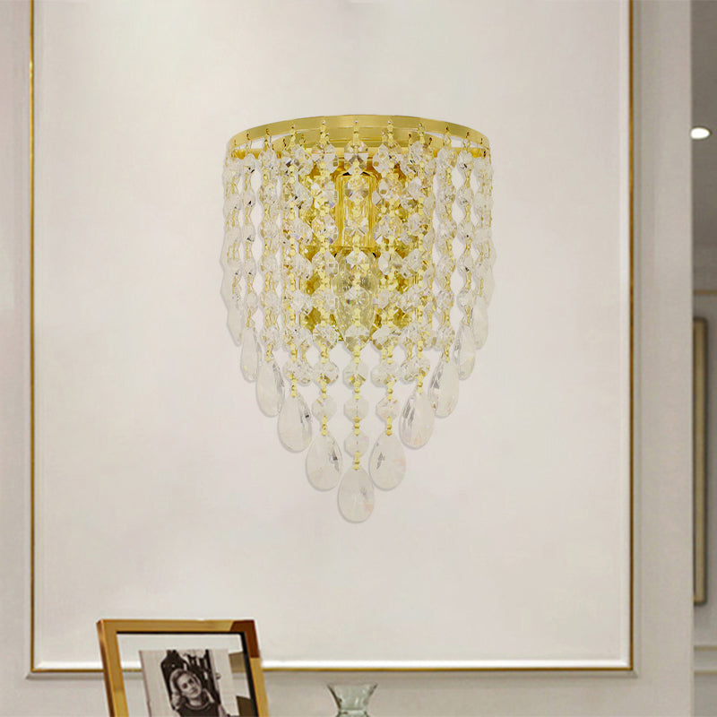 10"/15" W Tapered Wall Mount Light Vintage Metal 1 Bulb Golden Sconce Light with Clear Crystal Draping Clearhalo 'Modern wall lights' 'Modern' 'Wall Lamps & Sconces' 'Wall Lights' Lighting' 1820674